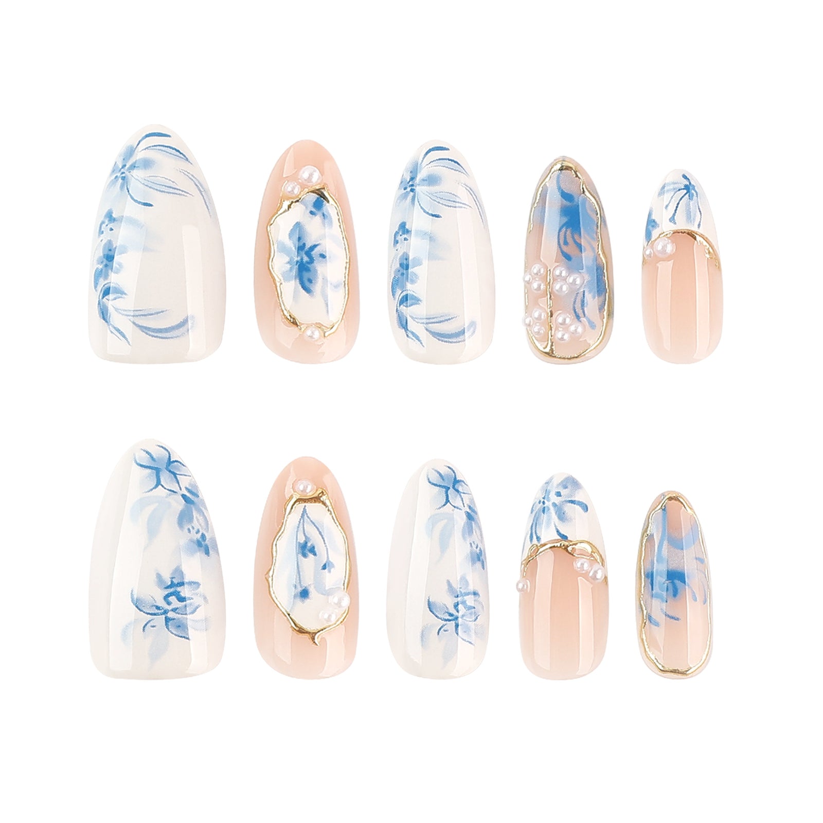 24pcs/Set 3D Gold-Accented Blue Flowers Press On Nails