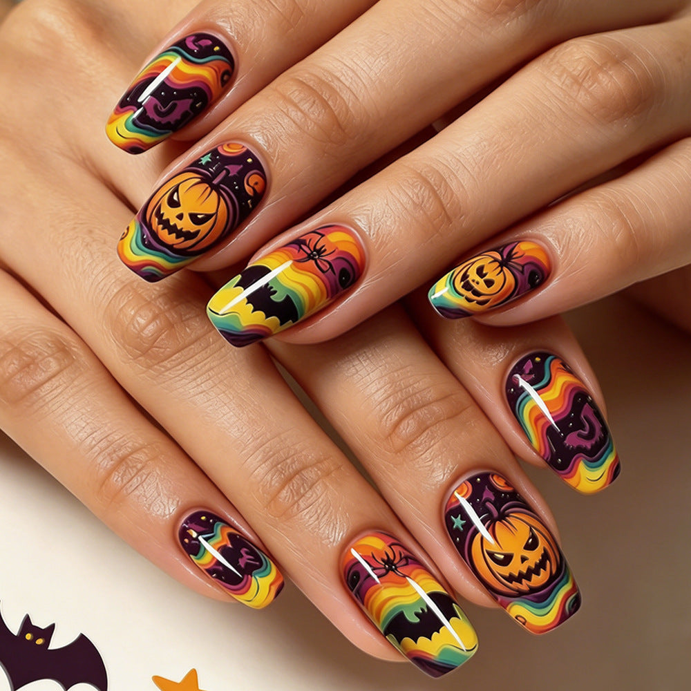 24pcs/Set Rainbow Wave Pumpkin Bat Press On Nails