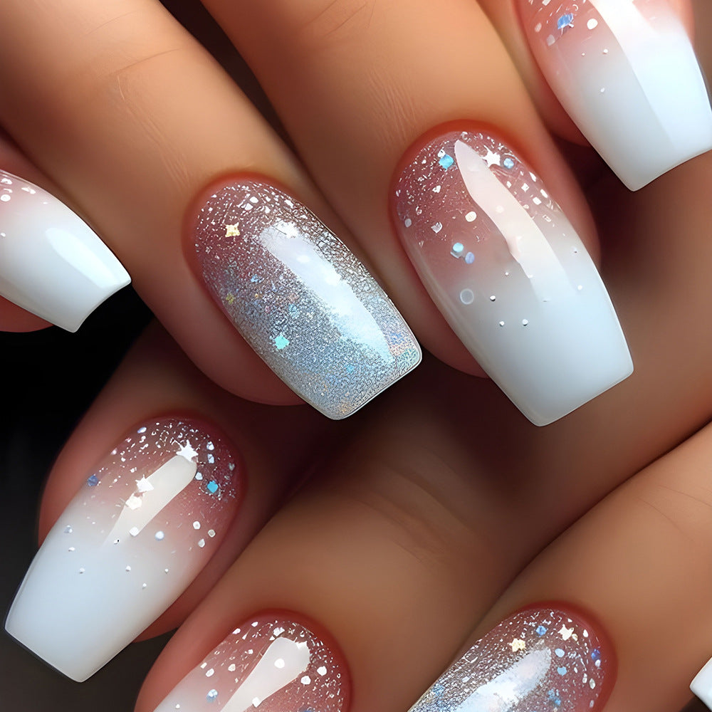 24pcs/Set Pink & White Glitter Ombre Press-On Nails