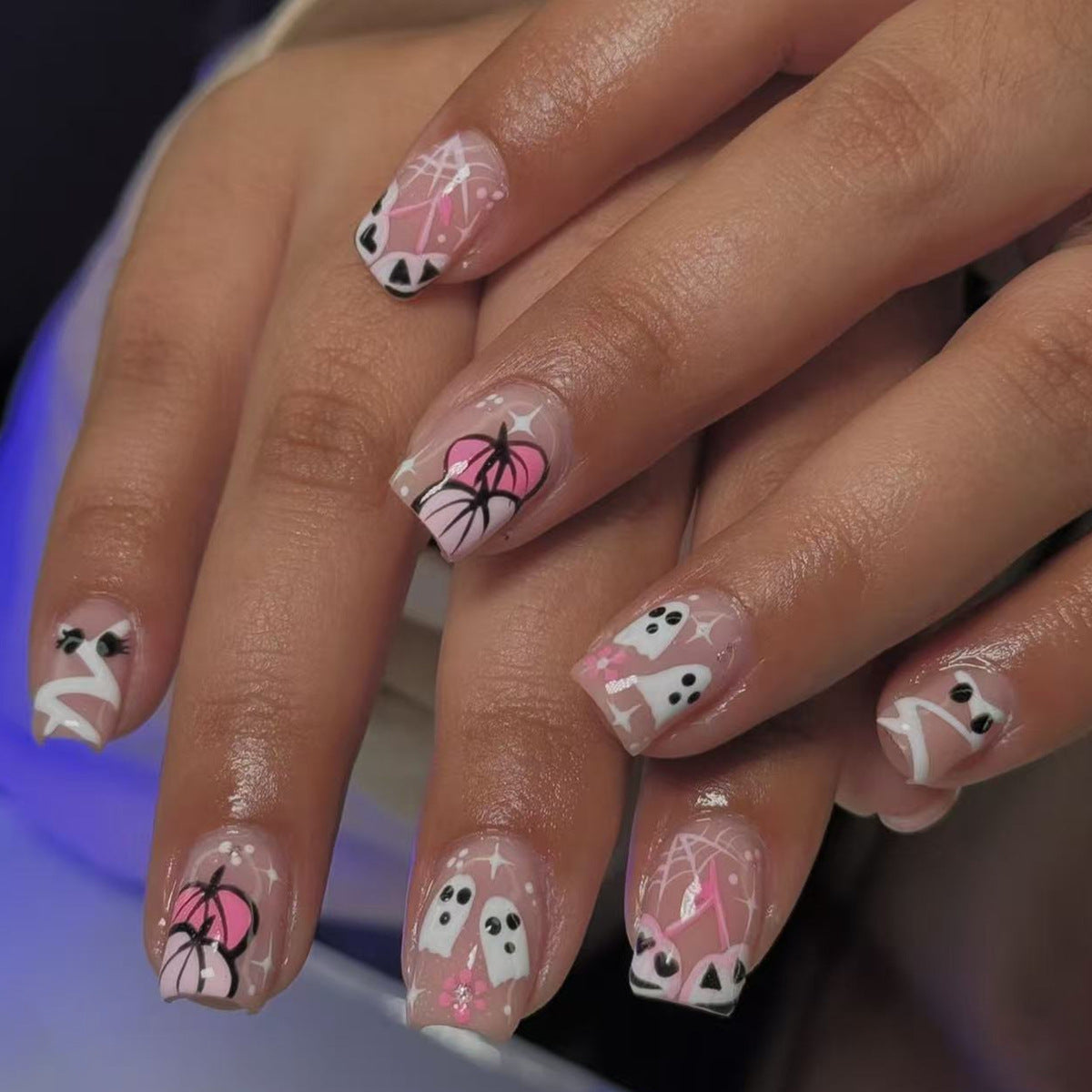 24pcs/Set Pink & White Ghost Pumpkin Press On Nails