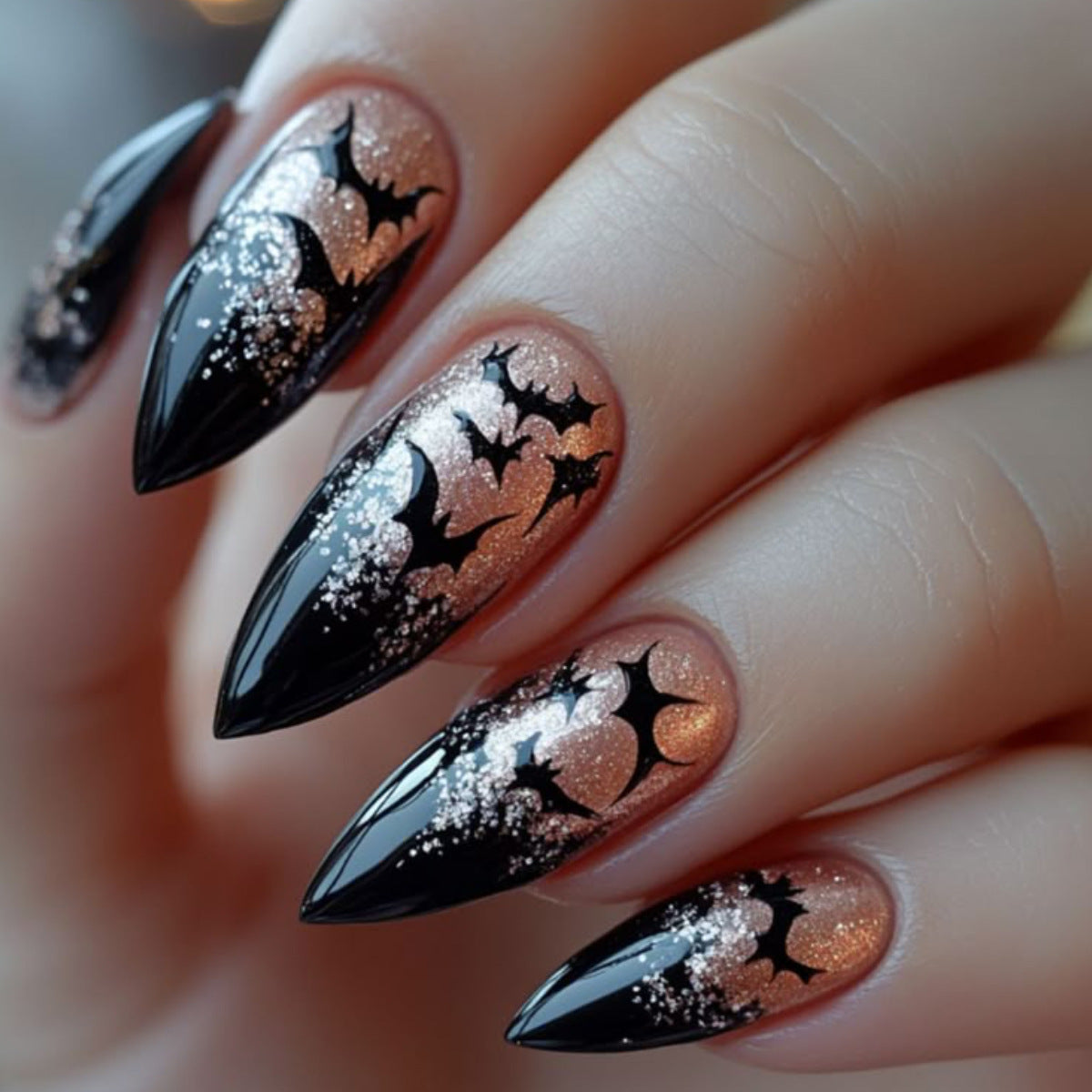 24pcs/Set Black Glitter French Bats Press-On Nails