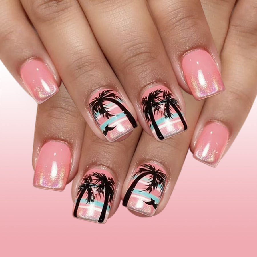 24pcs/Set Glitter Beach Stripes & Palm Trees Press-On Nails