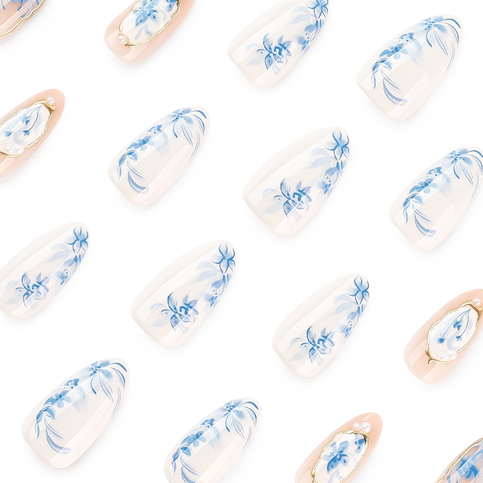 24pcs/Set 3D Gold-Accented Blue Flowers Press On Nails