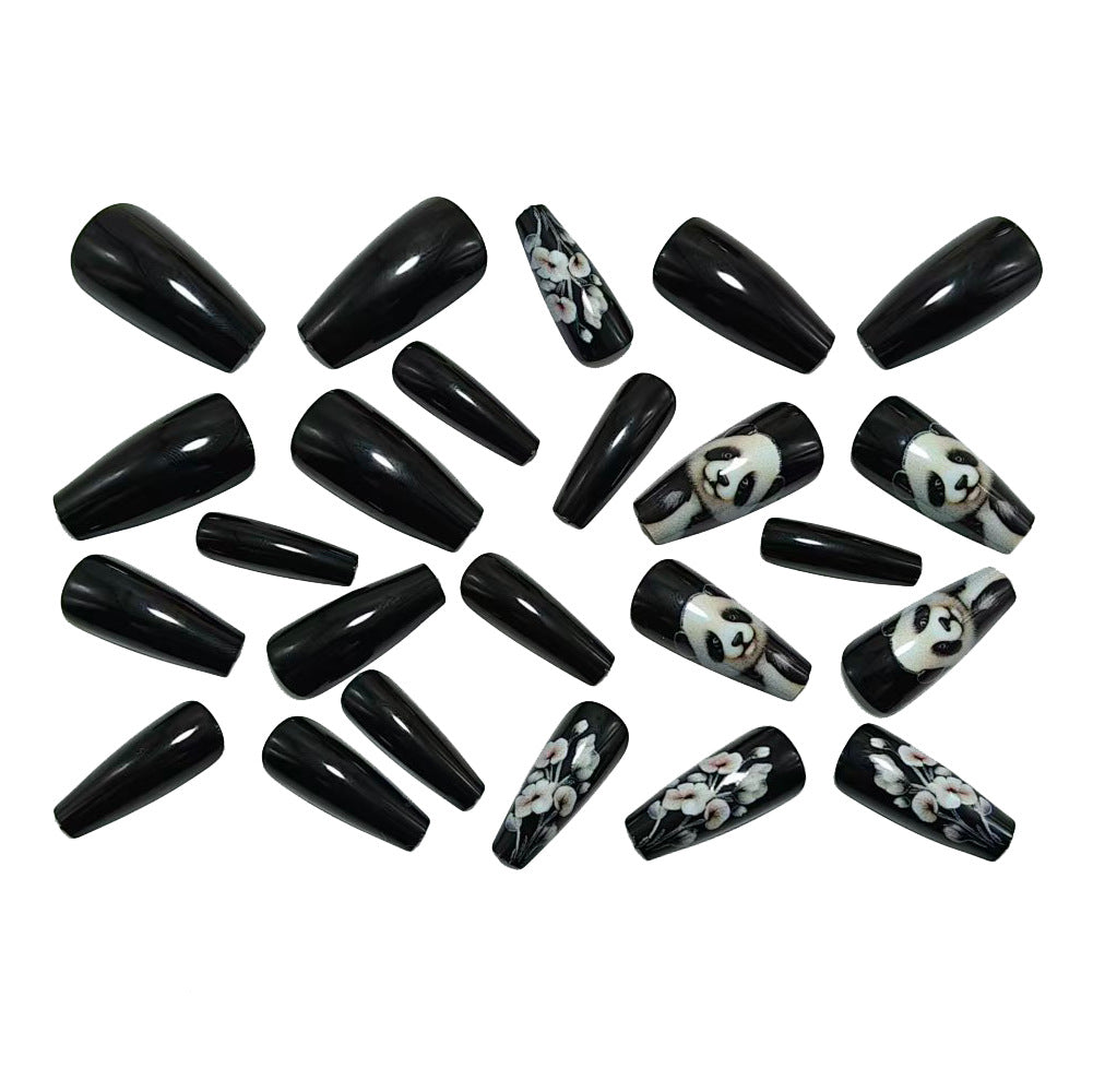 24pcs/Set Black Panda & Floral Press-On Nails