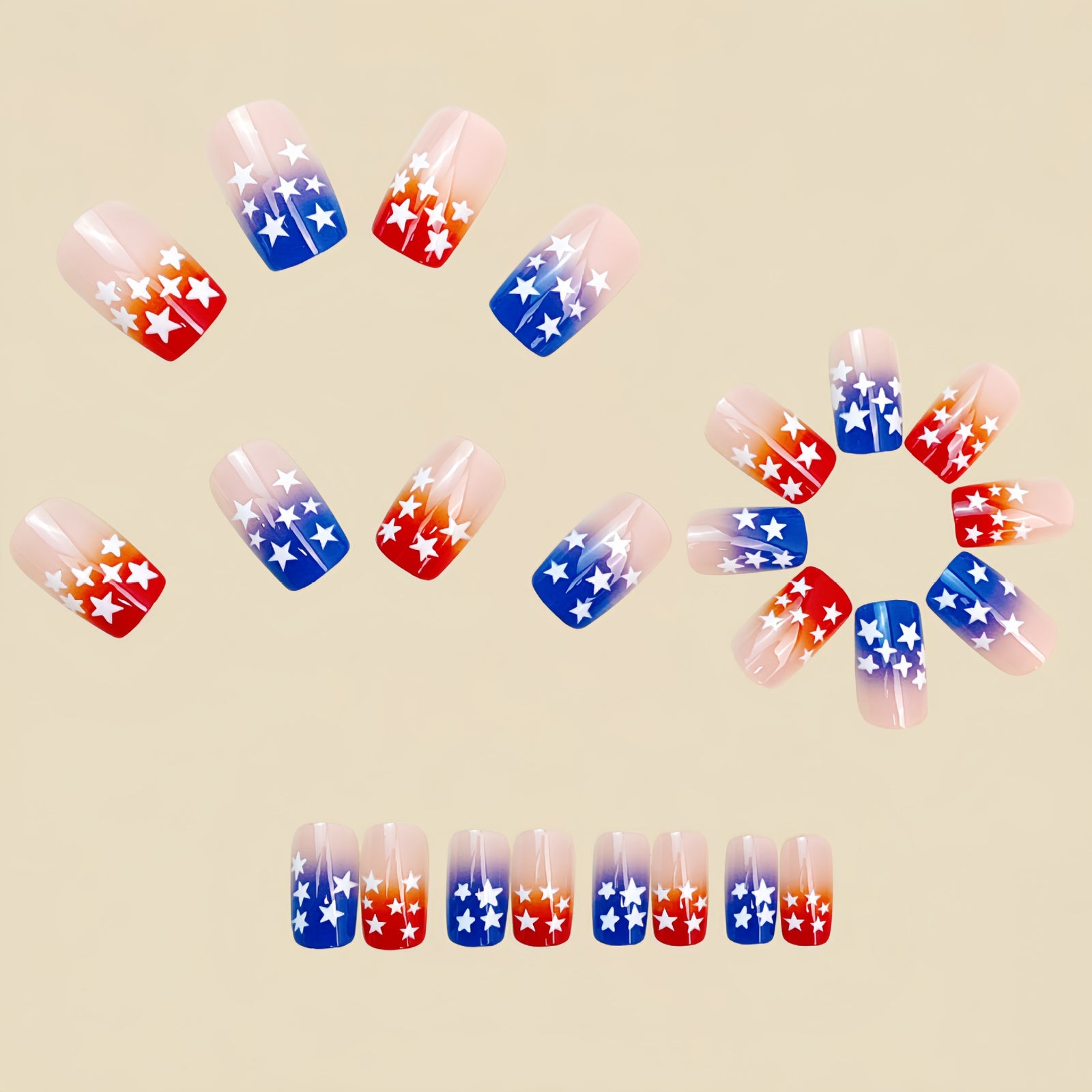 24pcs/Set Red and Blue Gradient Stars Press-On Nails