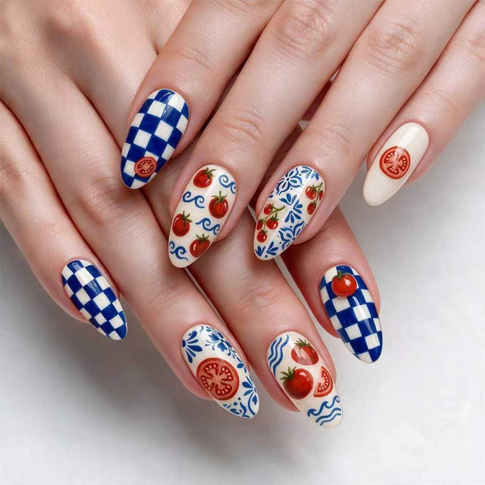 24pcs/Set Blue & White Checkered Tomato Press On Nails