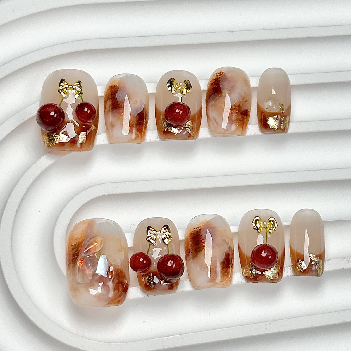 (Handmade) 10pcs/Set Amber Marble Nails with 3D Cherries Press-On Nails