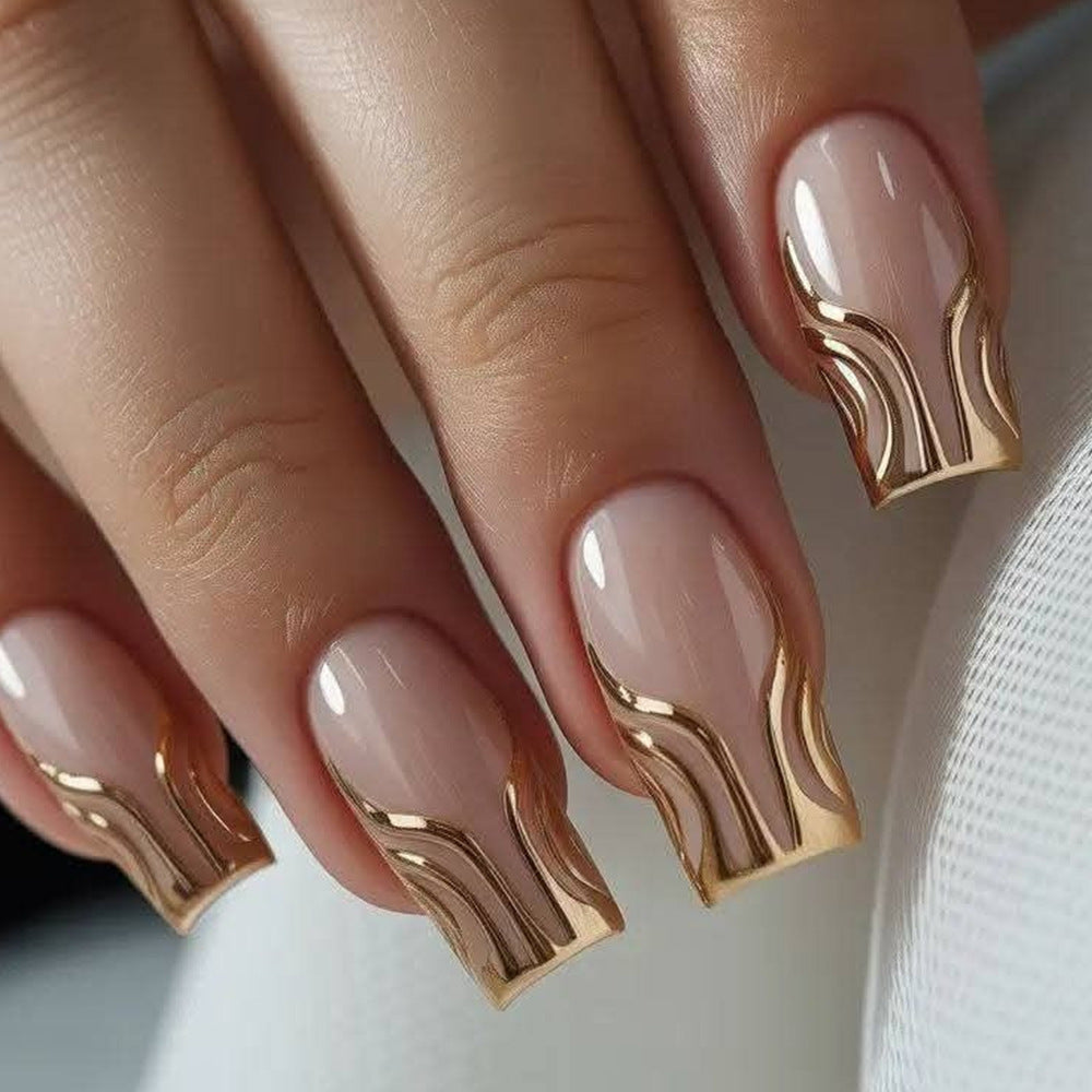 24pcs/Set 3D Gold Line Design Press-On Nails