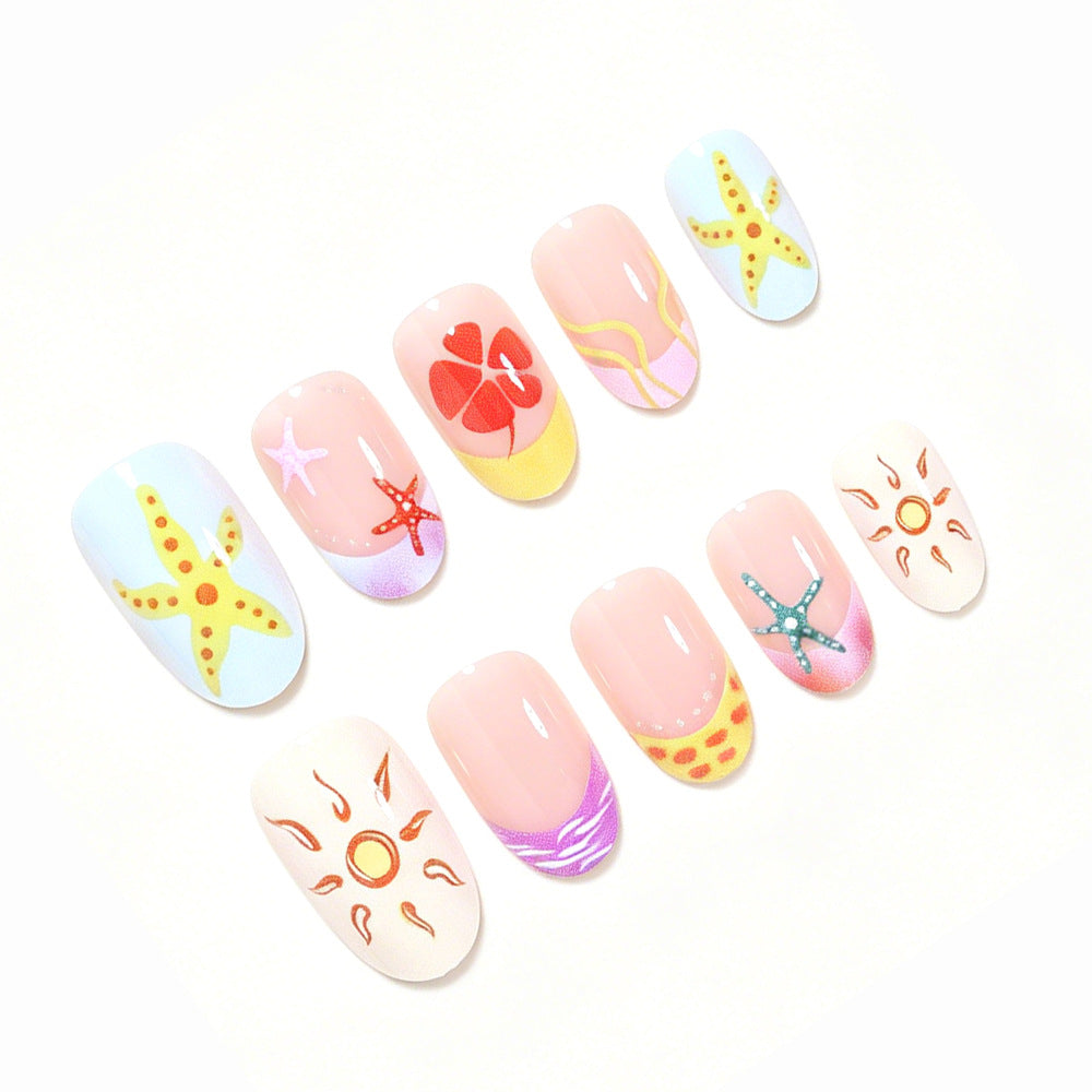 24pcs/Set Starfish & Sunflower French Tips Press-On Nails