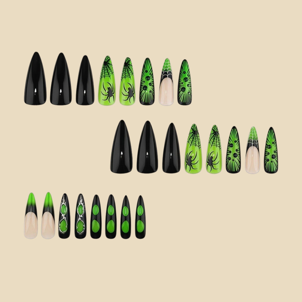 24pcs/Set Black & Neon Green Ombre Spider Web Press On Nails