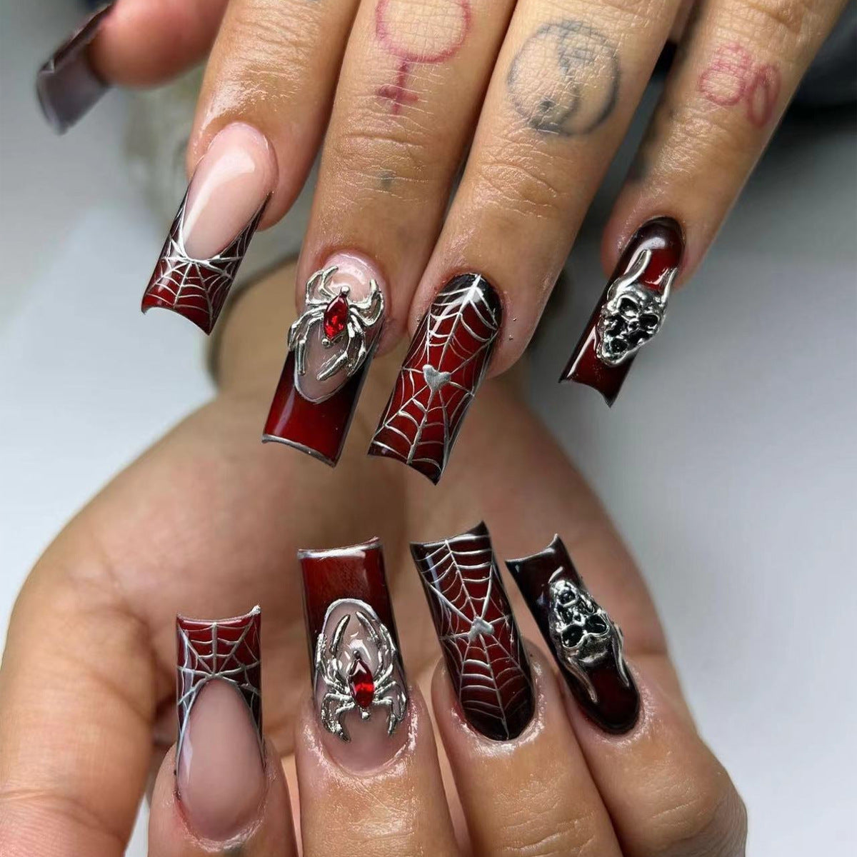 24pcs/Set Burgundy French Tips with 3D Spider Press On Nails