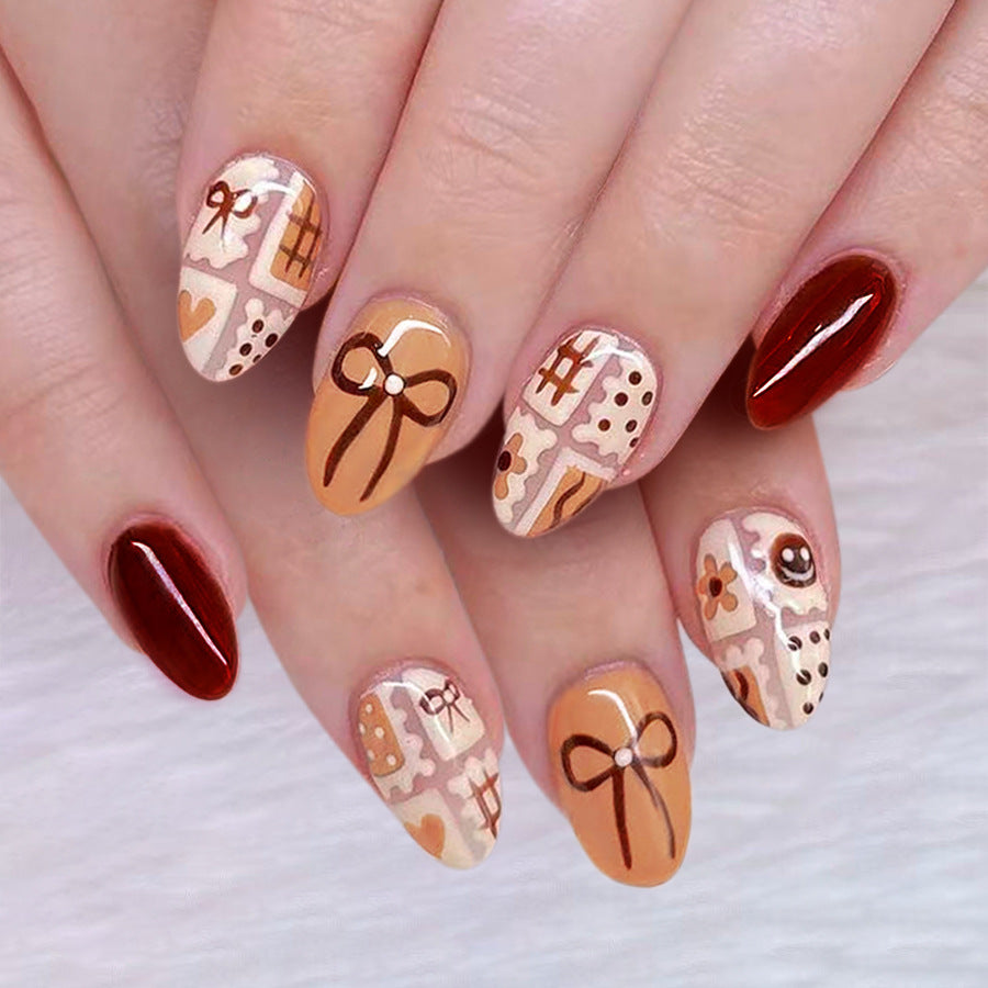 24pcs/Set Bow & Brown Coffee Line Art Press On Nails