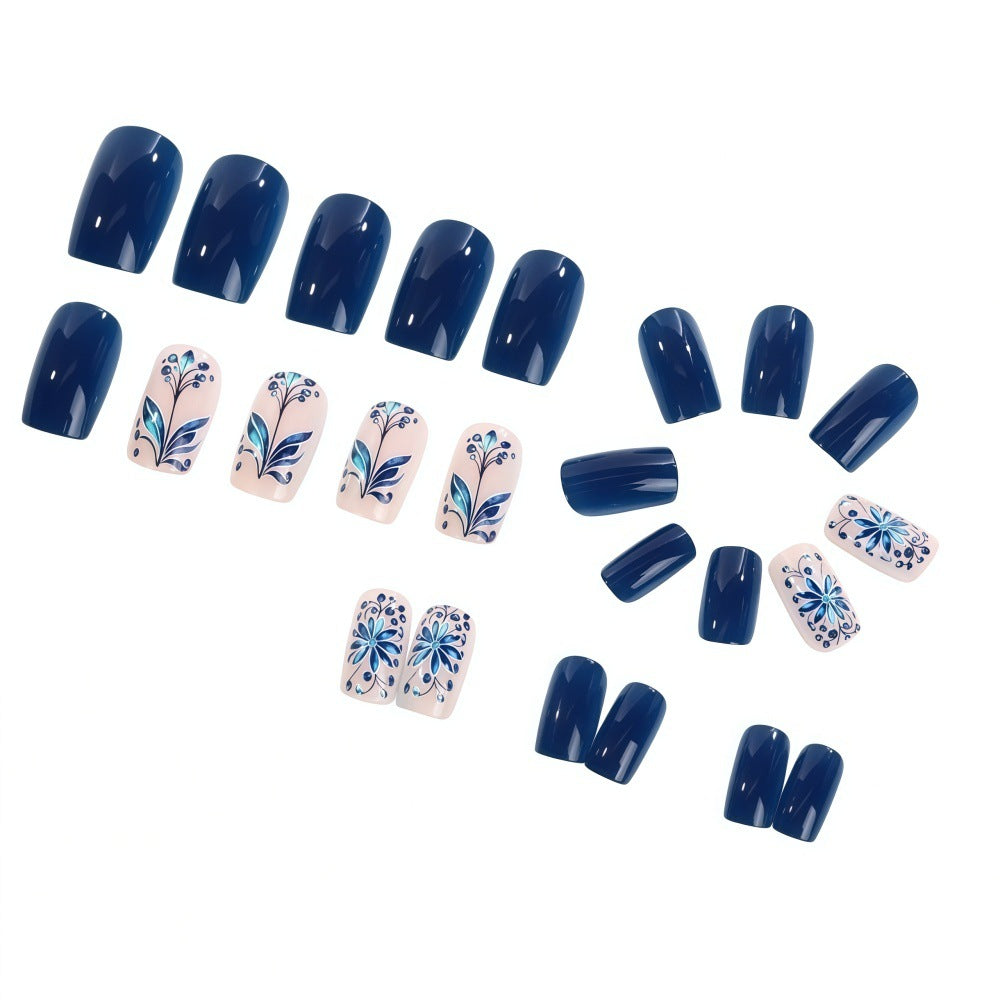24pcs/Set Royal Blue Floral Press-On Nails