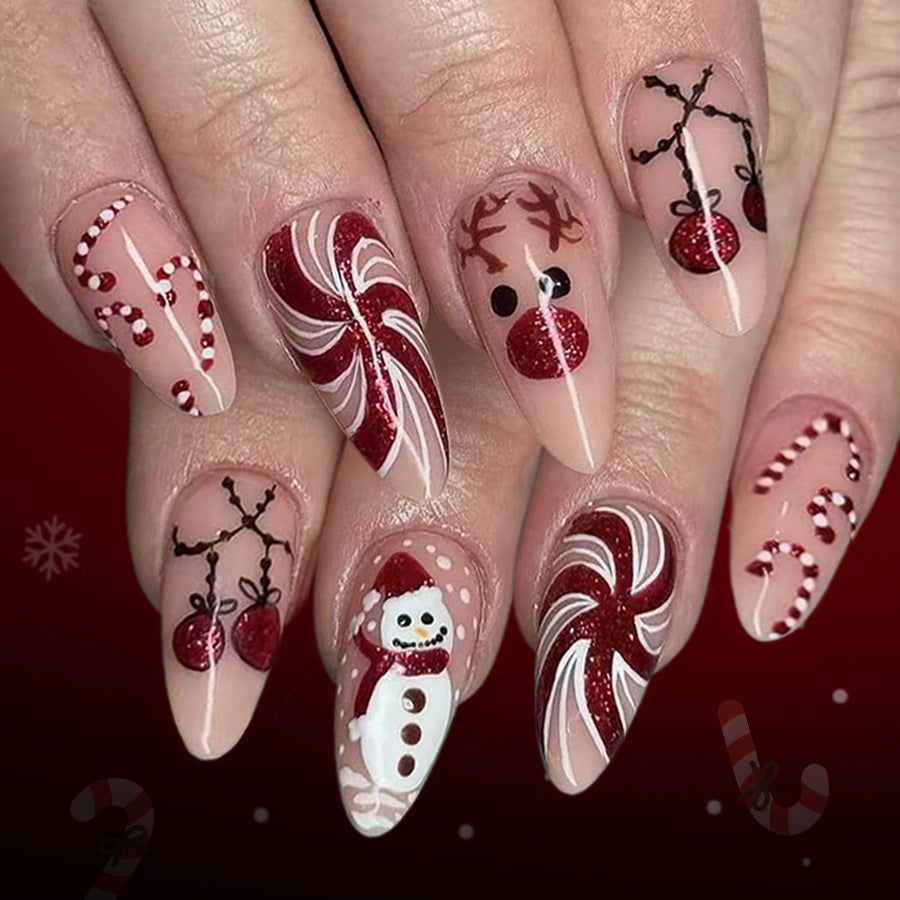 24pcs/Set Red Pinwheel Glitter & Candy Canes Press On Nails