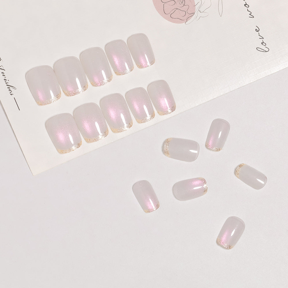24pcs/Set Silver Edge White Cat Eye Press On Nails