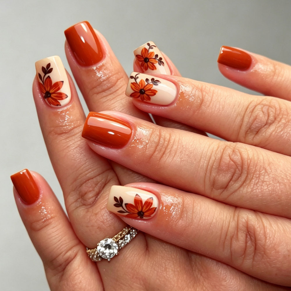 24pcs/Set Autumn Orange & Yellow Maple Leaf Flowers Press On Nails