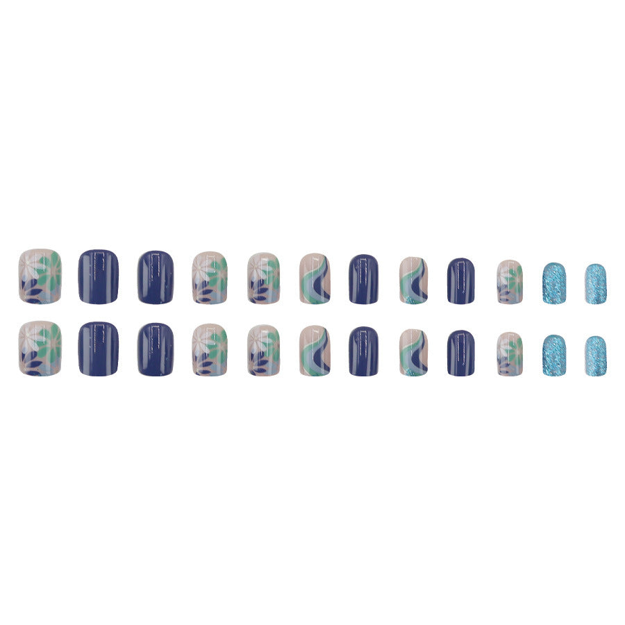 24pcs/Set Blue Floral Wave Press On Nails