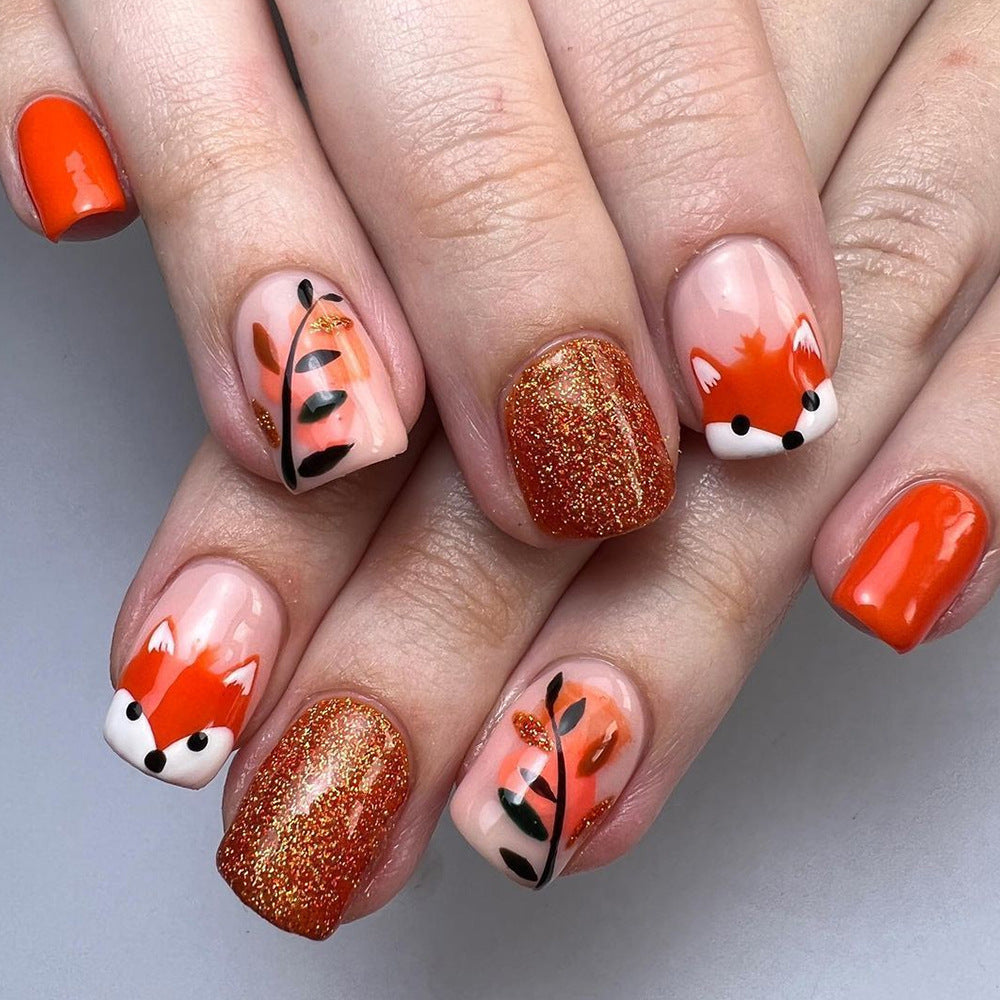 24pcs/Set Autumn Orange & Pink Fox Branches Press On Nails