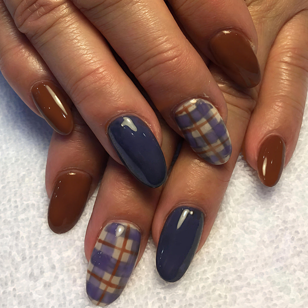 24pcs/Set Blue & Brown Color-Block Plaid Press On Nails