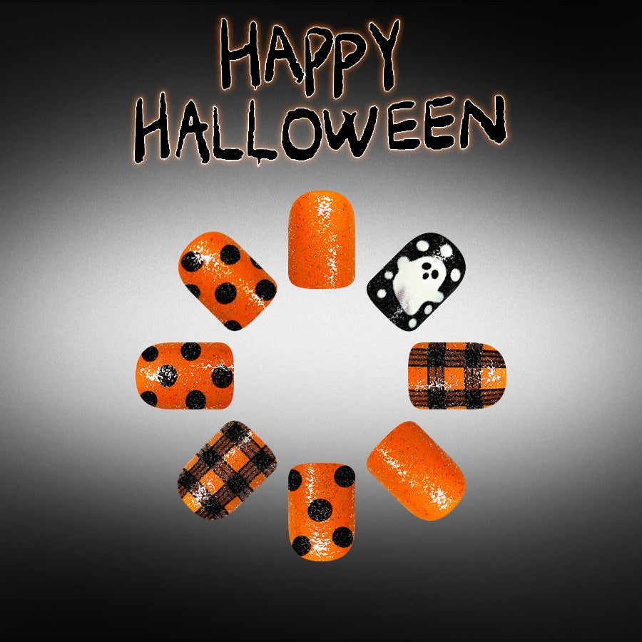 24pcs/Set Black Plaid, Polka Dots & Ghosts Press-On Nails