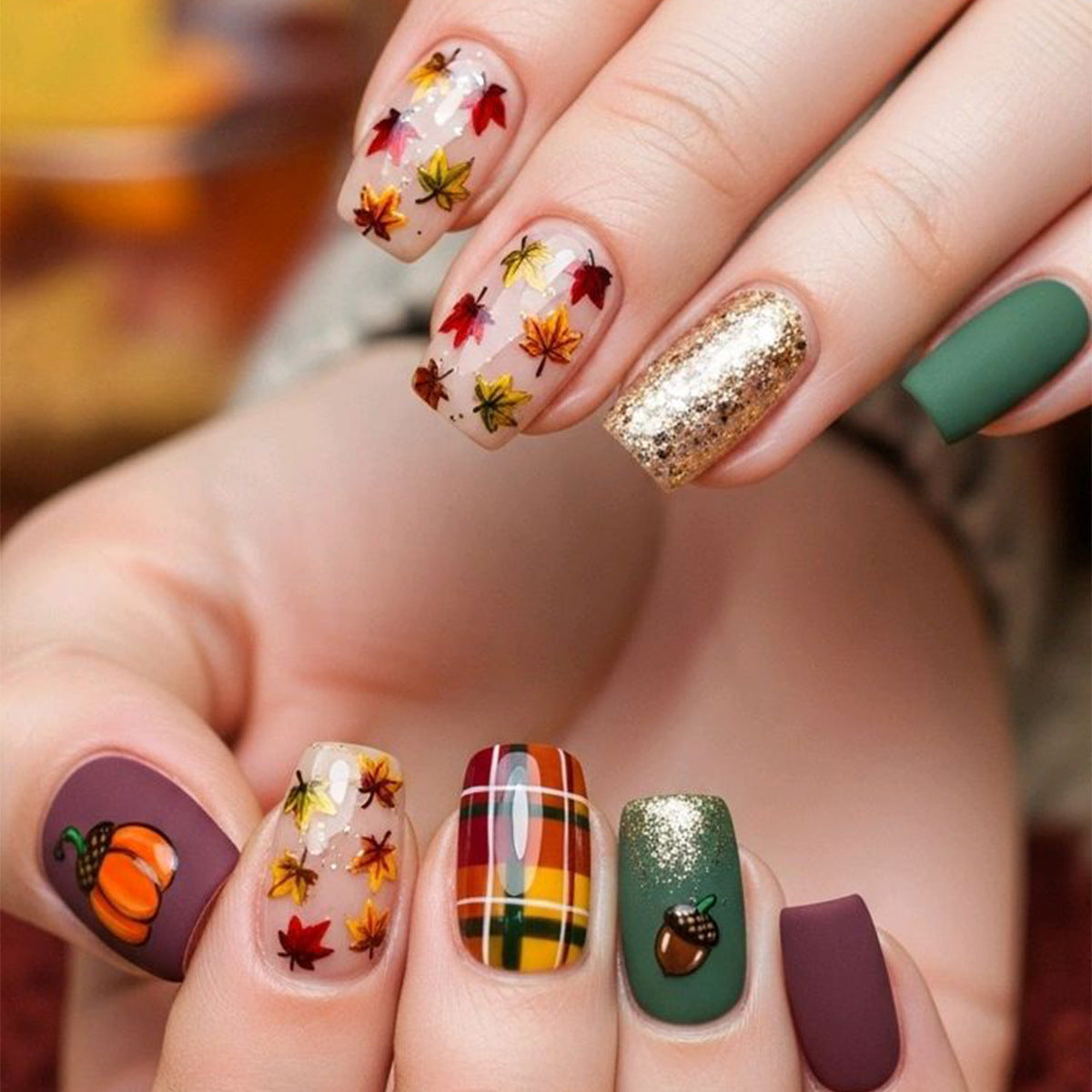 24pcs/Set Autumn Brown Maple Leaves Press On Nails