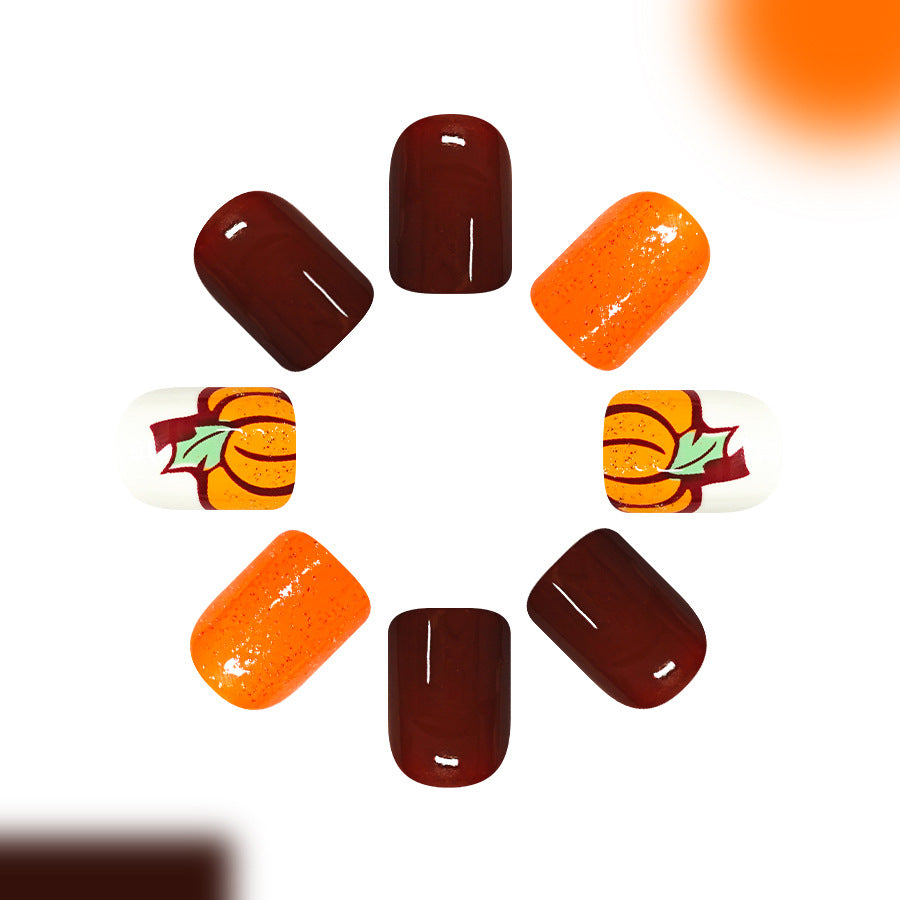 24pcs/Set Burgundy & Orange Pumpkin Press On Nails