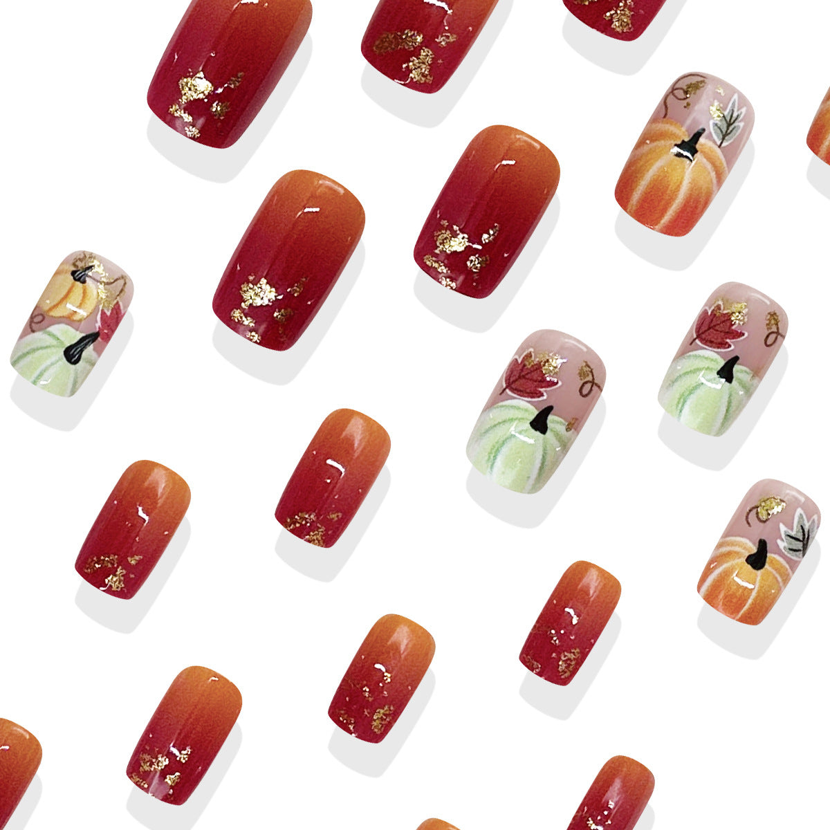 24pcs/Set Pumpkin & Maple Leaf Doodle Press On Nails
