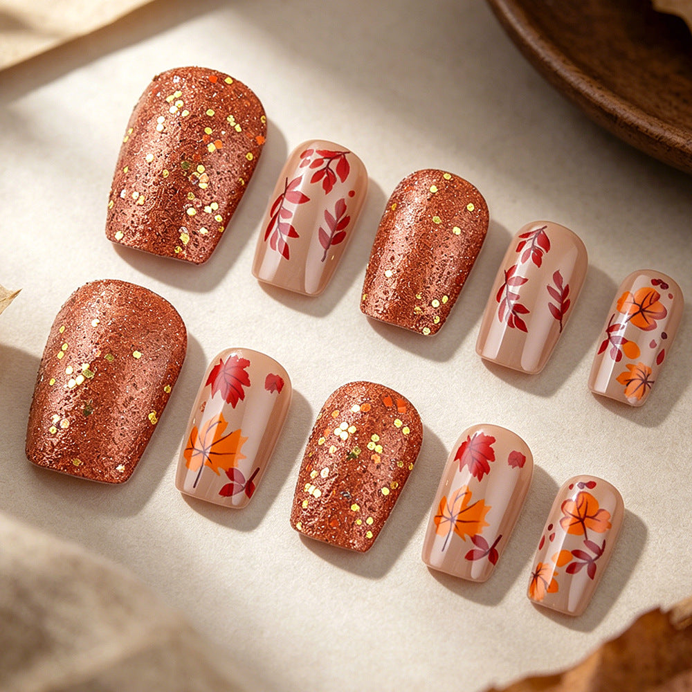 24pcs/Set Vintage Maple Leaves Press On Nails