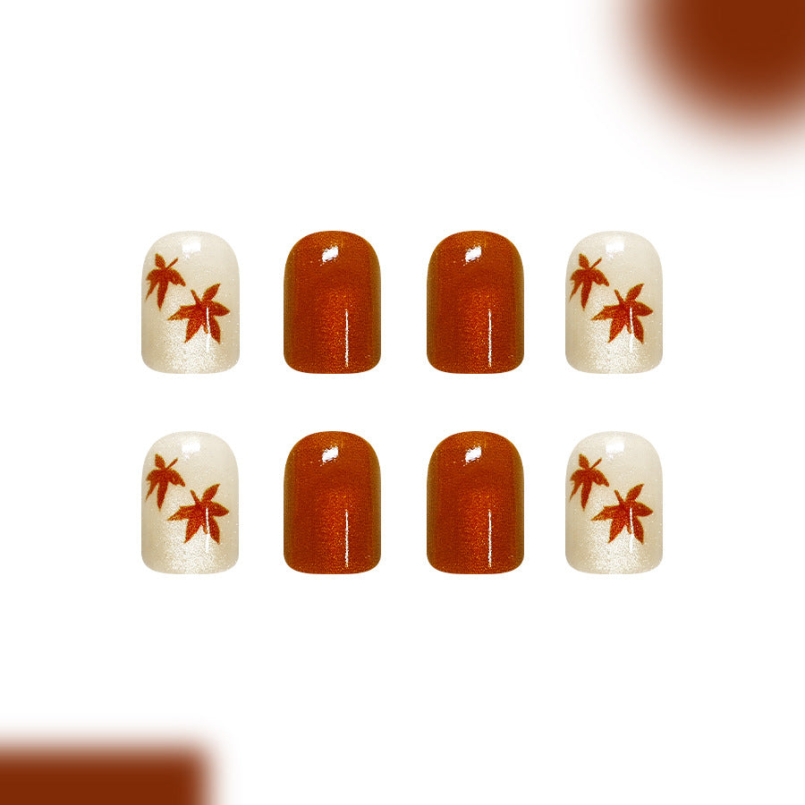 24pcs/Set Red Brown Cat Eye Maple Leaf Press On Nails