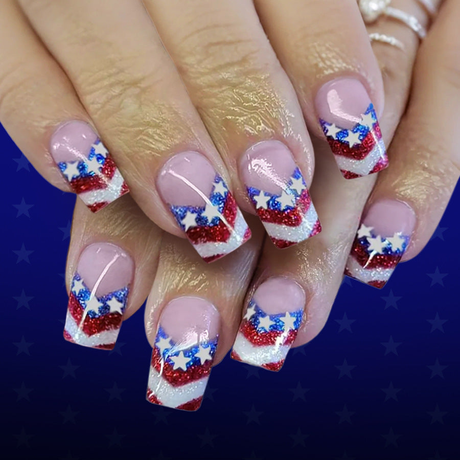 24pcs/Set French Tip American Flag Stars Press-On Nails