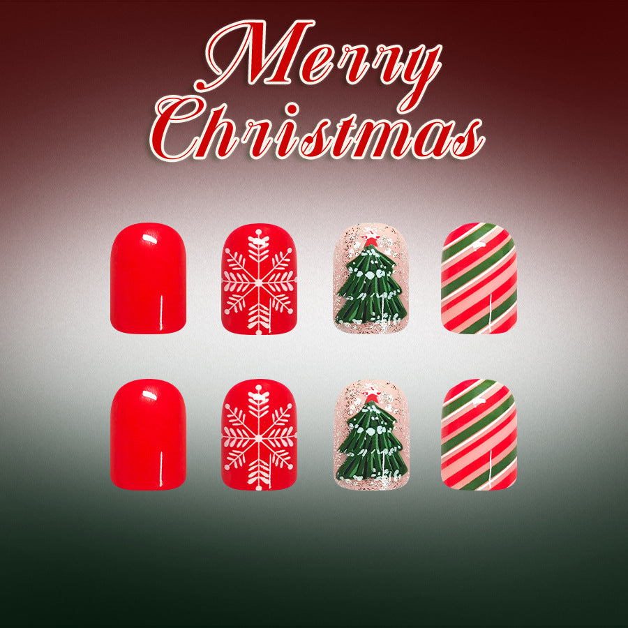 24pcs/Set Red, Green & White Striped Snowflakes Press On Nails