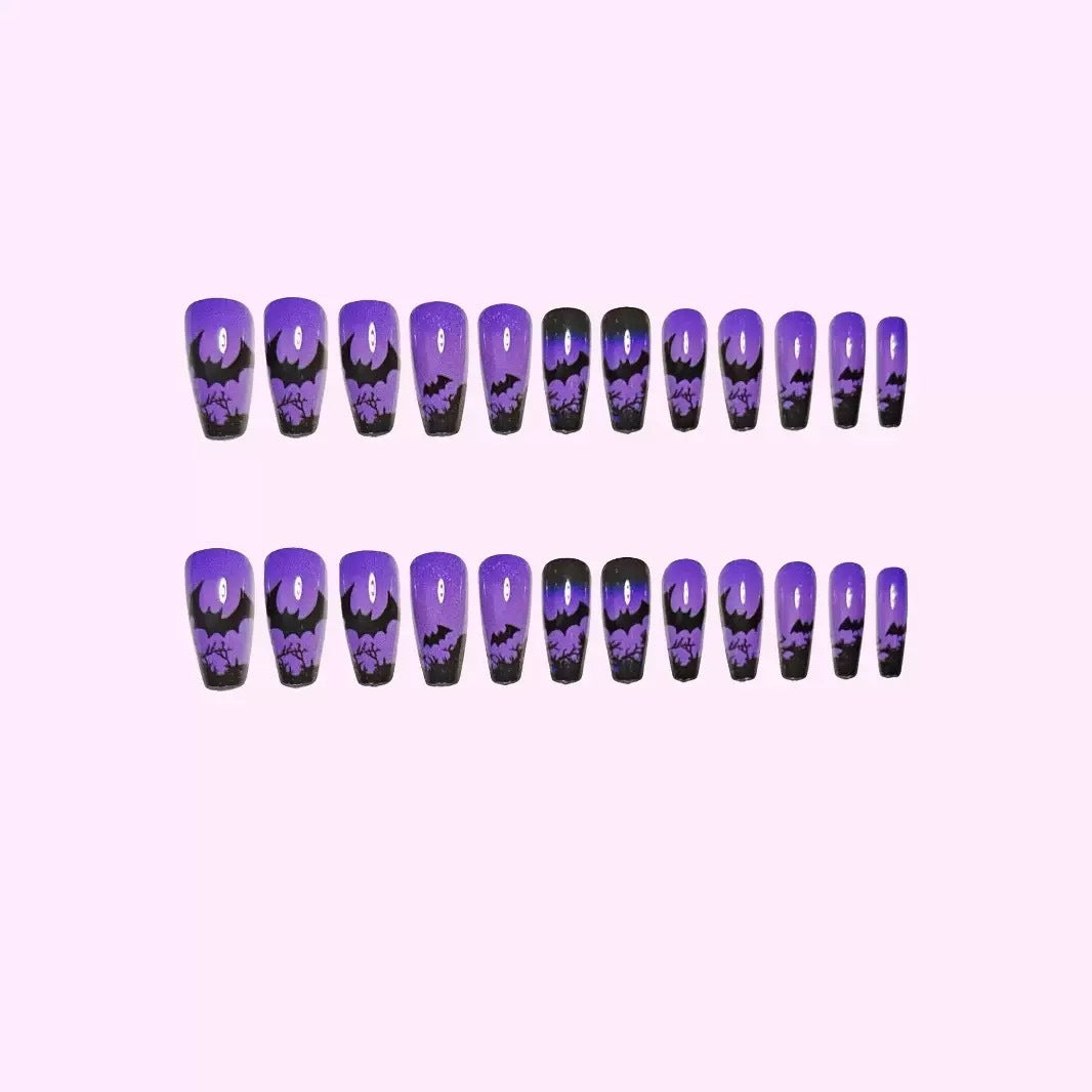 24pcs/Set Purple Bats at Midnight Press-On Nails