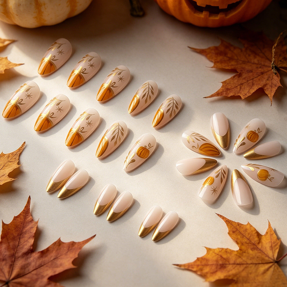 24pcs/Set Gold Foil Pumpkin French Tips Press-On Nails