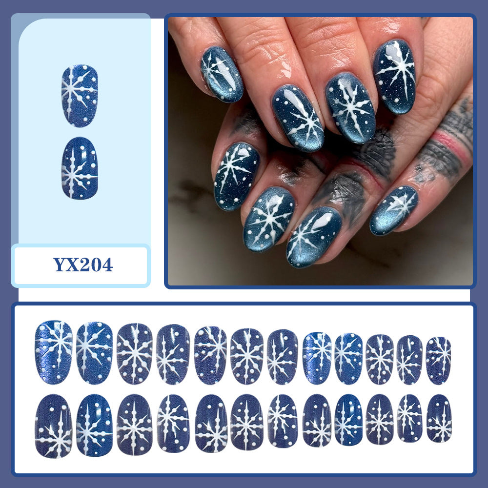 24pcs/Set Hazy Blue Cat Eye Snowflake Press-On Nails