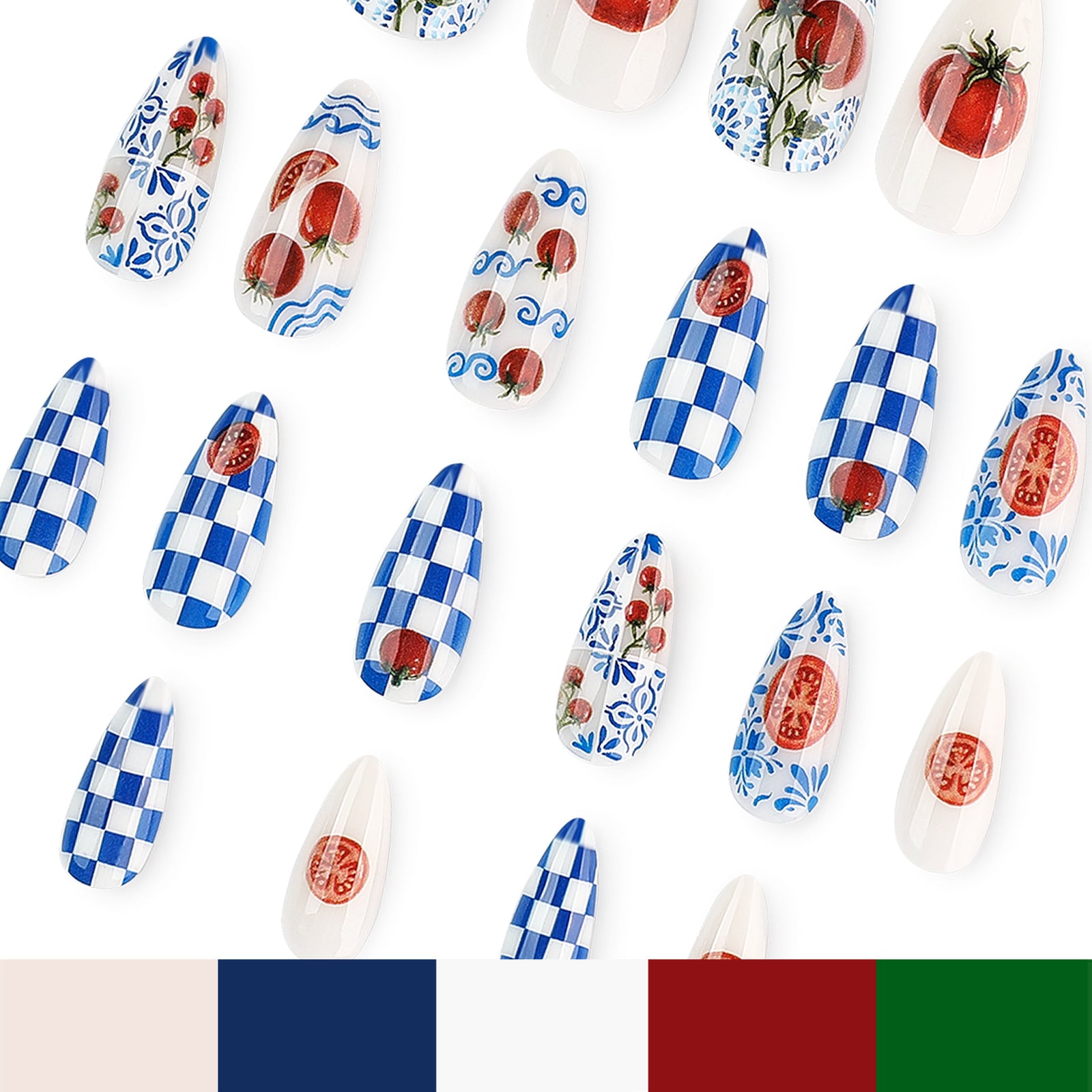 24pcs/Set Blue & White Checkered Tomato Press On Nails