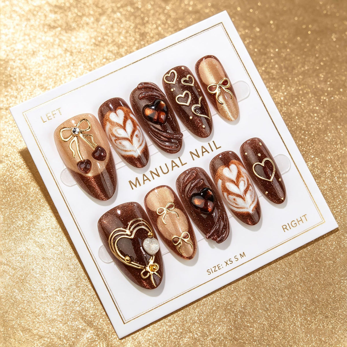 30pcs/Set Brown French Gold-Accented Bow Press On Nails
