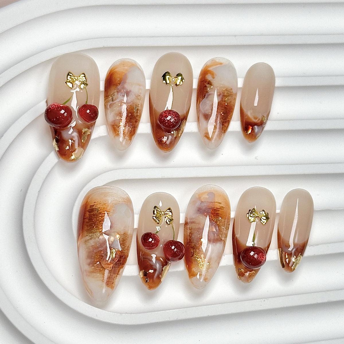 (Handmade) 10pcs/Set Amber Marble Nails with 3D Cherries Press-On Nails