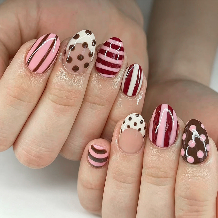 24pcs/Set Pink French Stripes & Polka Dots Press On Nails