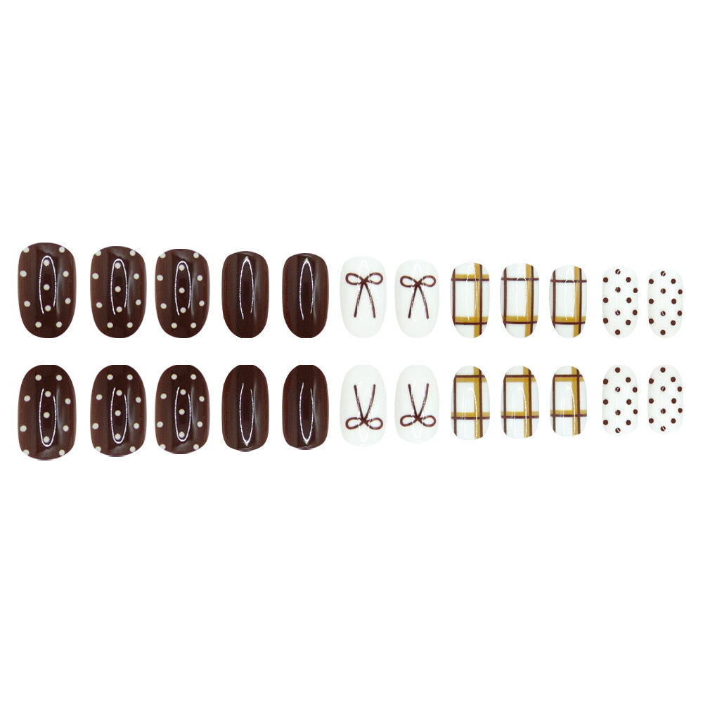 24pcs/Set Brown Bow Polka Dot Striped Press On Nails