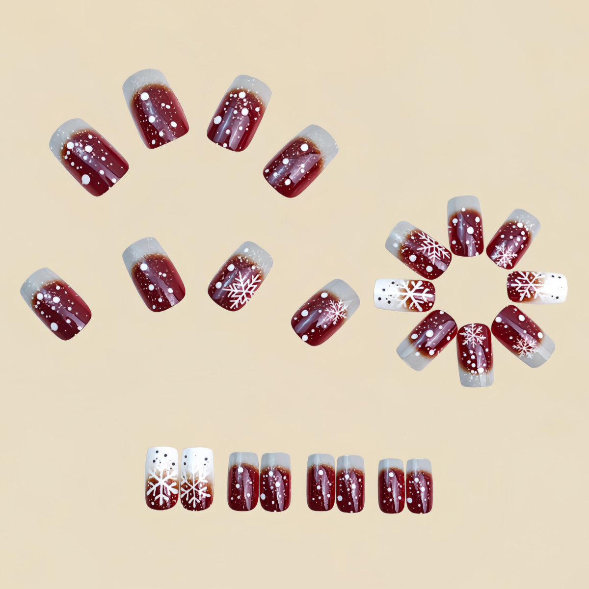 24pcs/Set Red Ombre Snowflakes Press On Nails