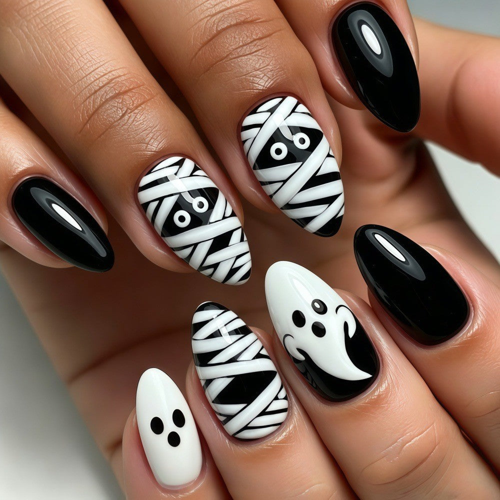 24pcs/Set Black & White Mummy Ghost Press On Nails