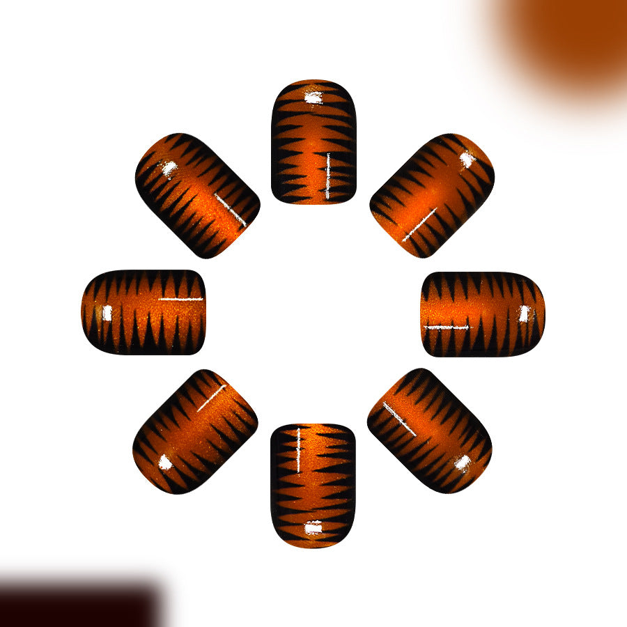 24pcs/Set Black Line & Orange-Brown Cat-Eye Press On Nails