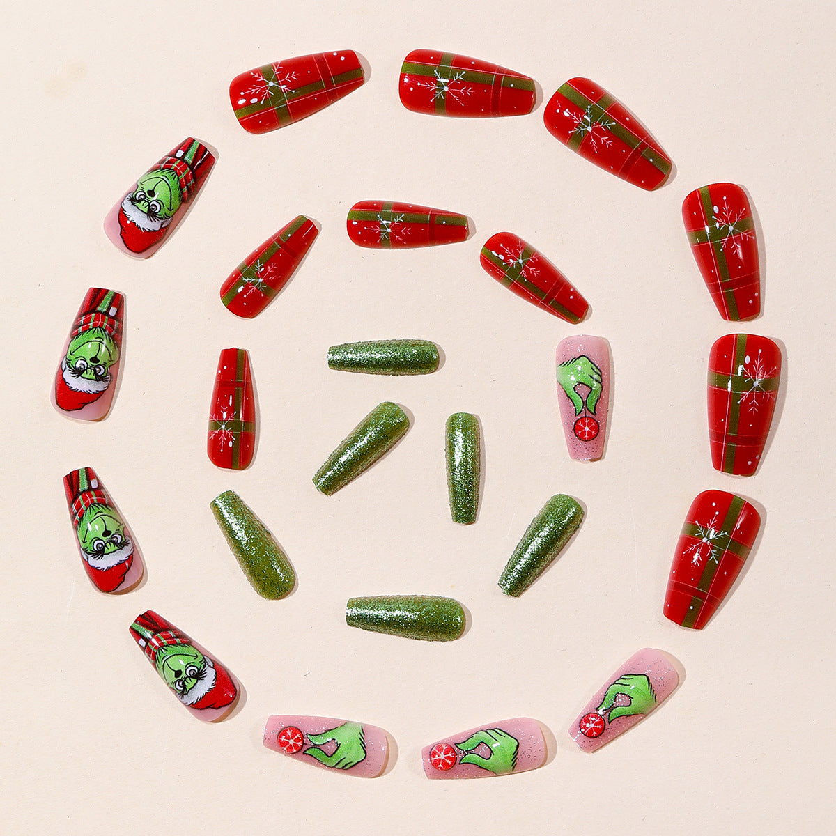 24pcs/Set Green Grinch Stripes Press-On Nails