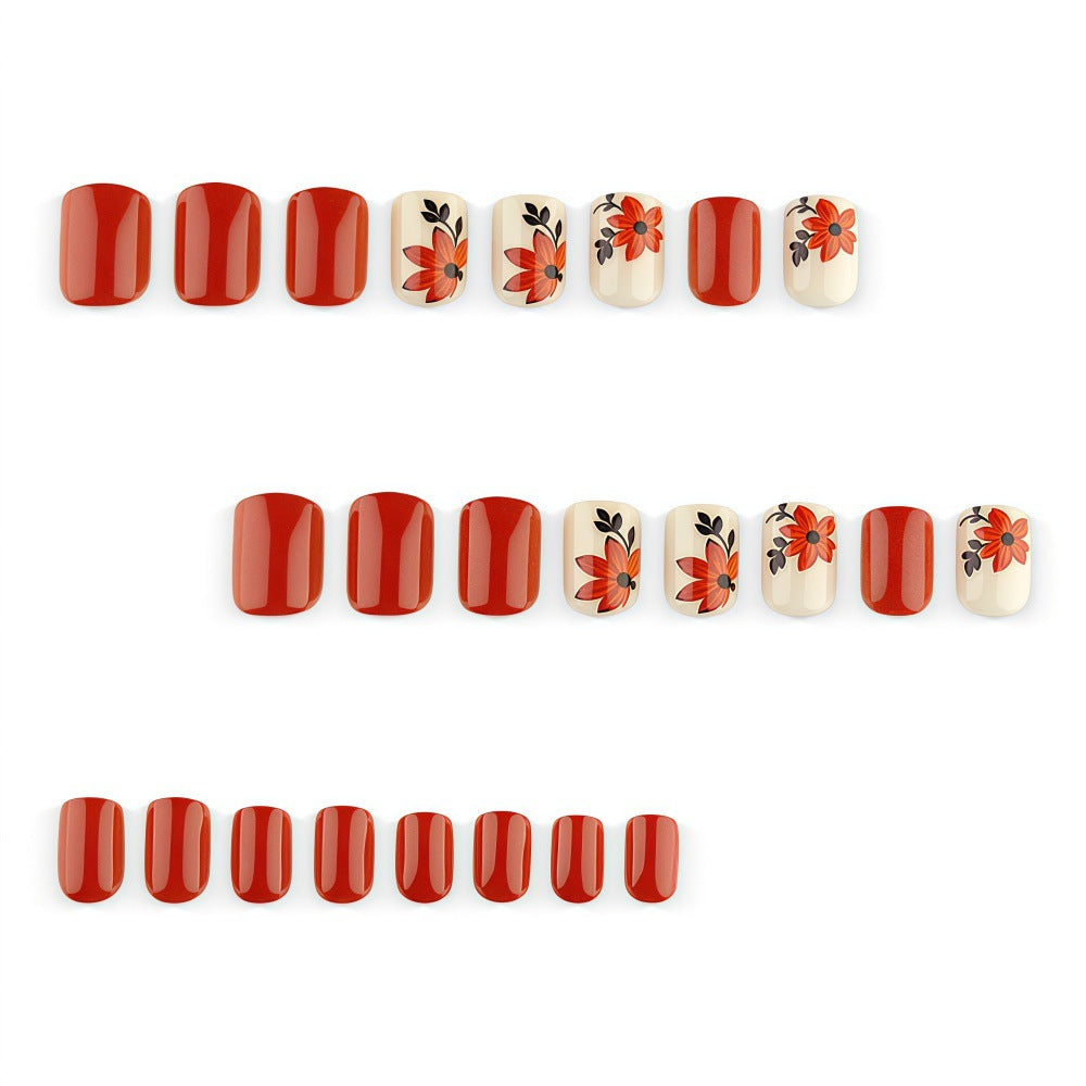 24pcs/Set Autumn Orange & Yellow Maple Leaf Flowers Press On Nails