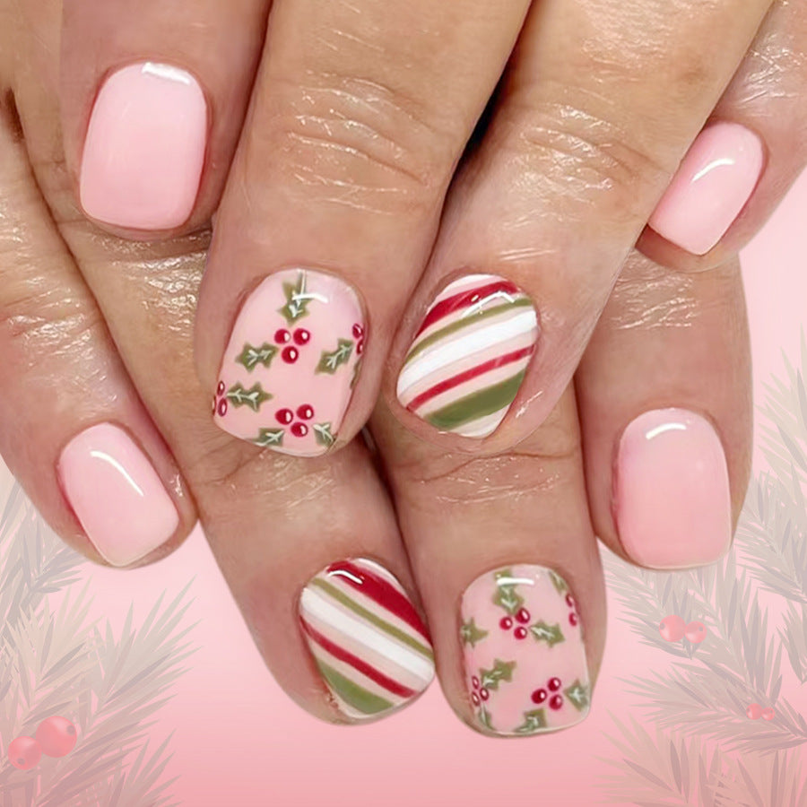 24pcs/Set Pink Holly & Colorful Stripes Press On Nails