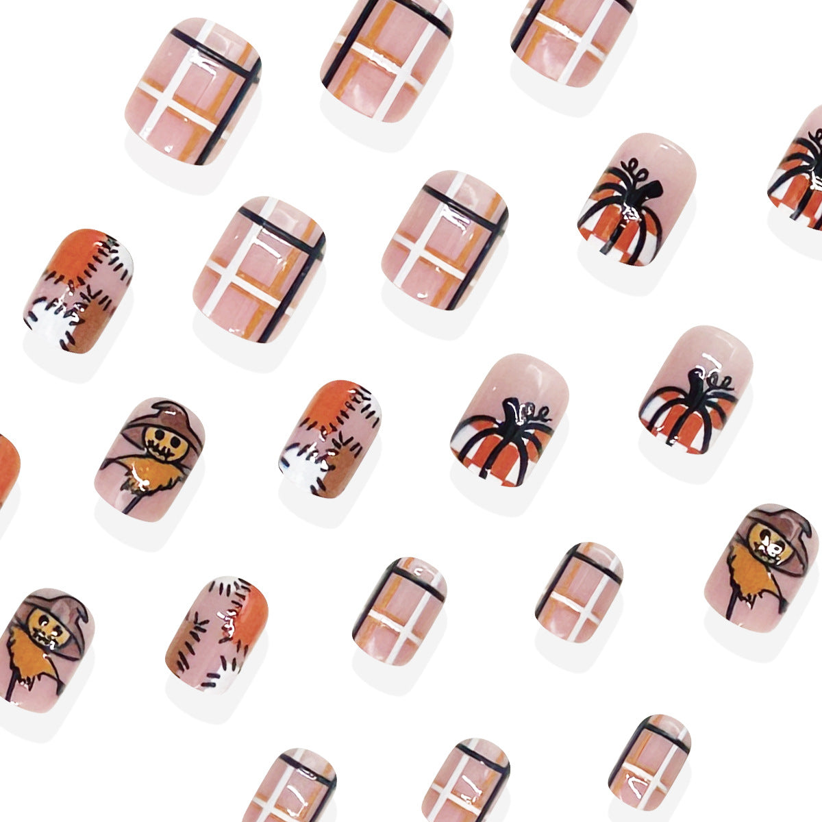 24pcs/Set Patchwork Scarecrow Pumpkin Press On Nails
