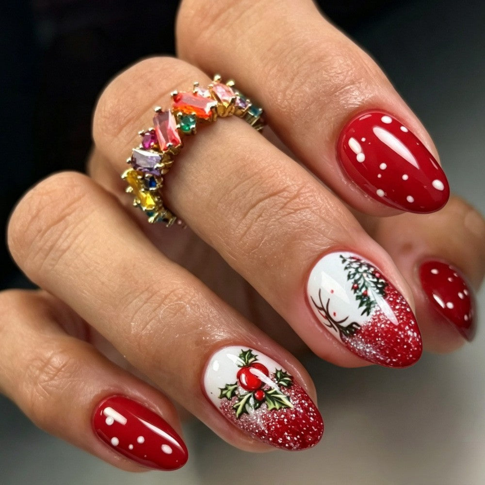 24pcs/Set Red Holly & Reindeer Press On Nails