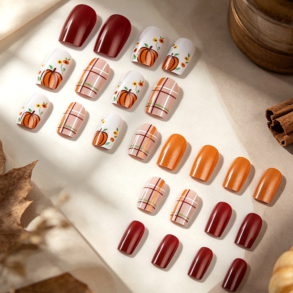 24pcs/Set Pumpkin Colorblock Glitter Plaid Press-On Nails