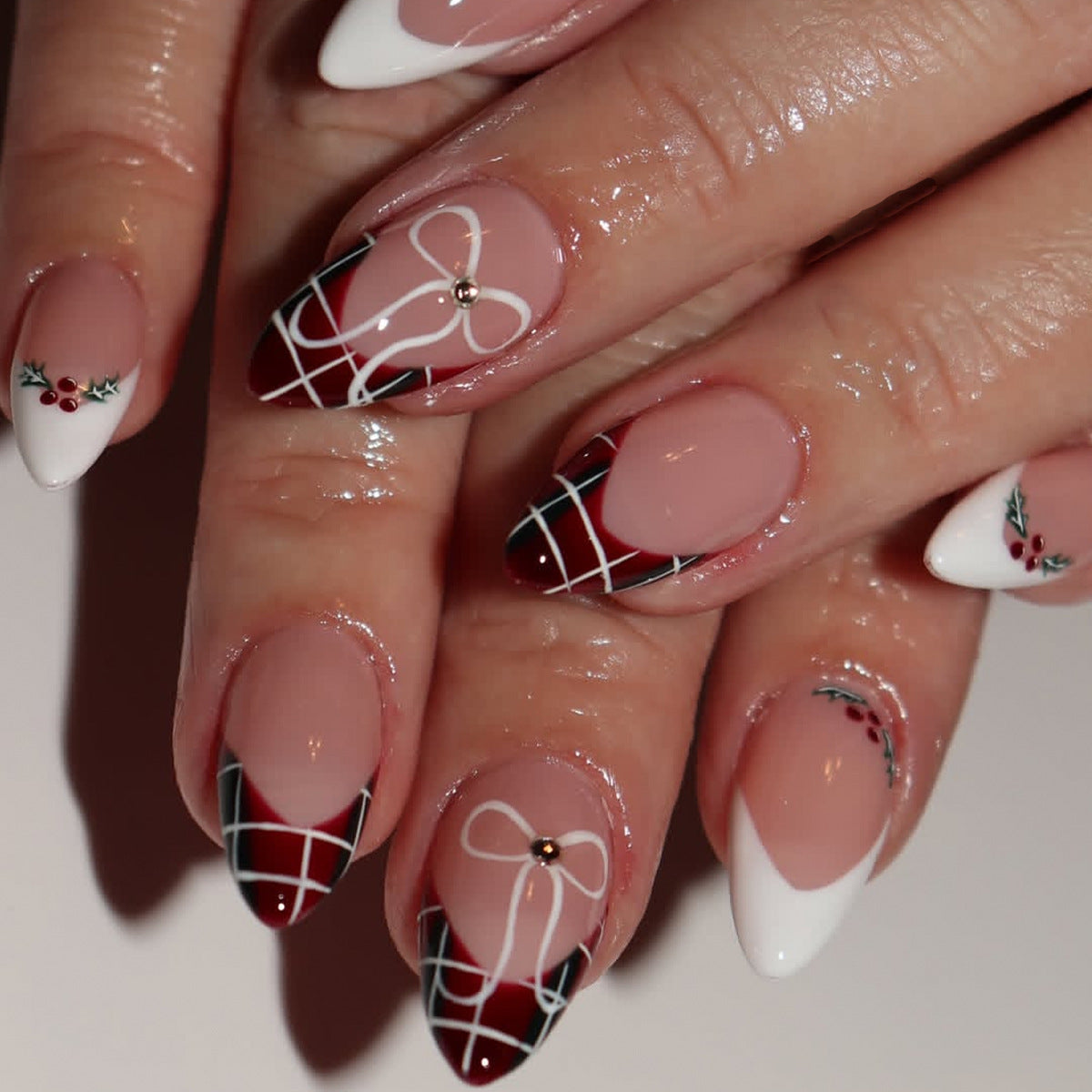 24pcs/Set White Plaid French Press On Nails
