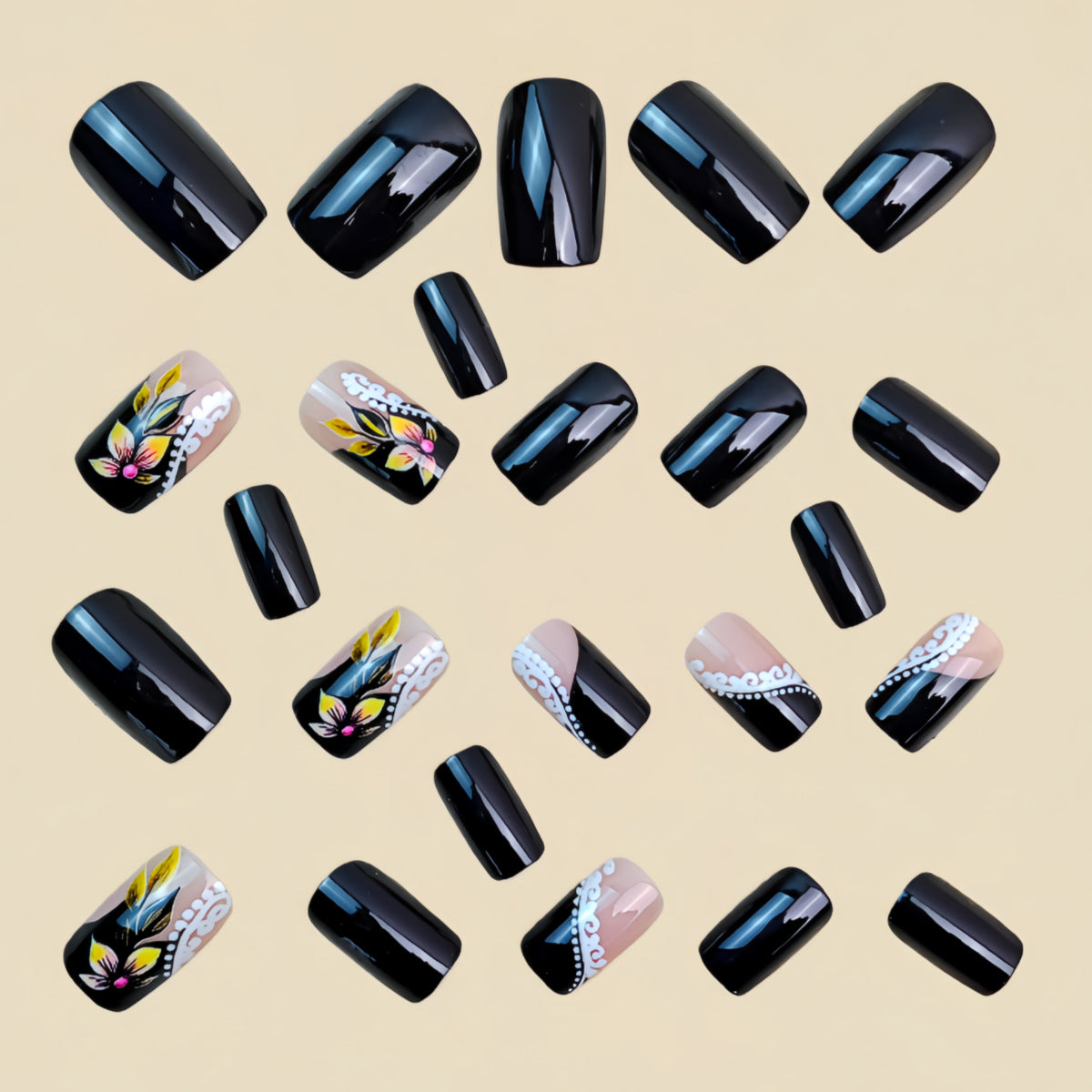 24pcs/Set Black French Floral Press-On Nails